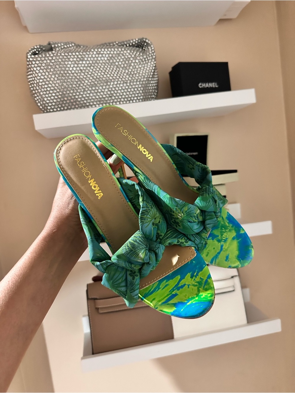 Fashion Nova Green Blue Tropical Knot High Heel Slide - Picture 8 of 8